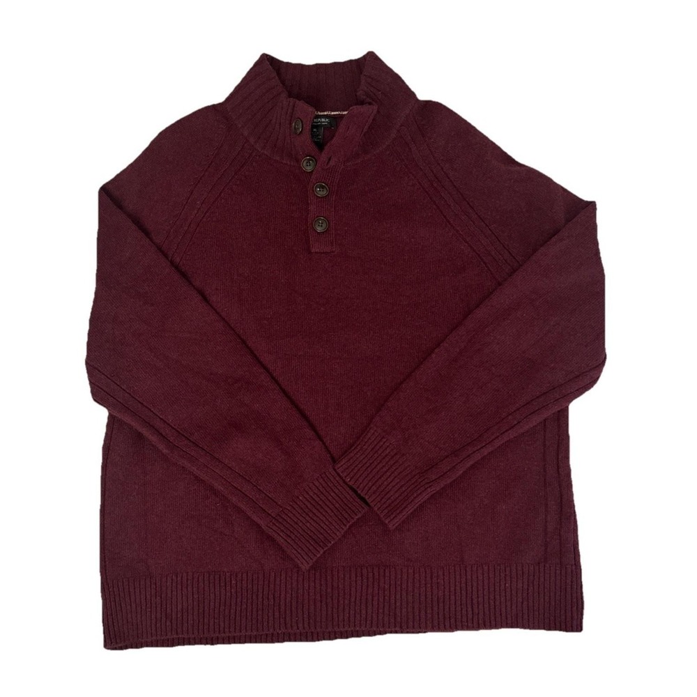 Banana Republic Mens XL Maroon Italian Wool Blend Mock Neck Button Sweater Knit